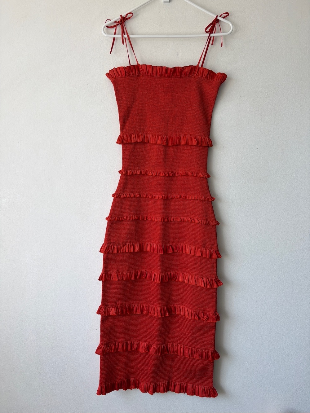 V Chapman Lily Satin Ruffle Smocked Tiered Bow Strap Midi Dress Red Clay Orange
